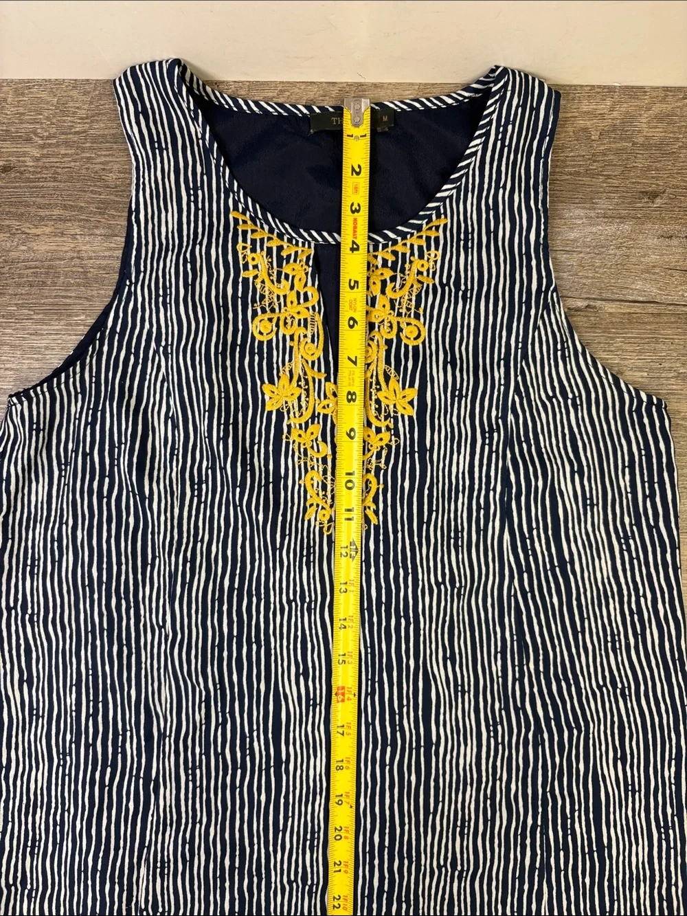 THML Embroidered Striped Shift Dress Navy & White with Mustard Embroidery Medium - Picture 11 of 12